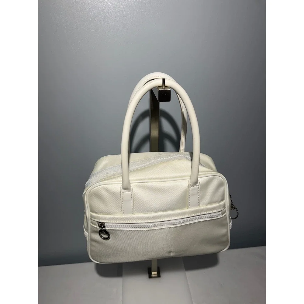 Lacoste White Canvas Vintage Bowling Bag Striped Sporty Satchel Top Handle Purse